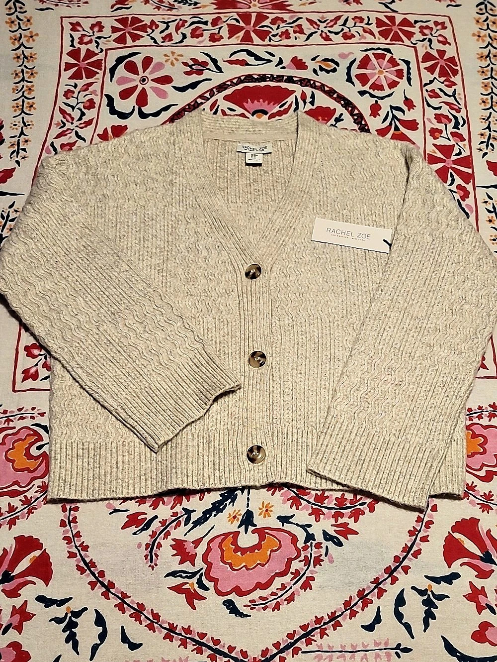NWT Rachel Zoe Wave Knit Grandpacore Preppy Academia Cardigan in Oatmeal